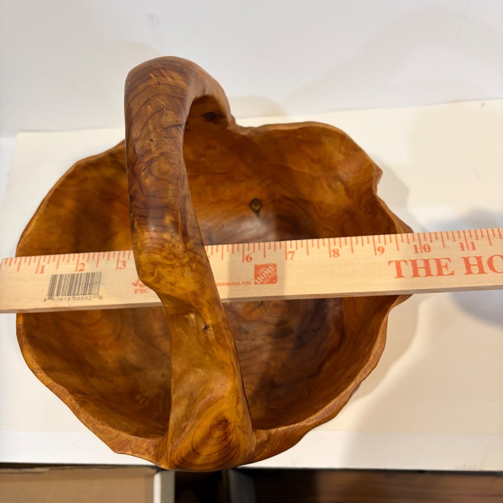 Hand Carved Root Wood Basket Brown Live Edge Rustic Decorative Bowl Handle - Picture 4 of 11